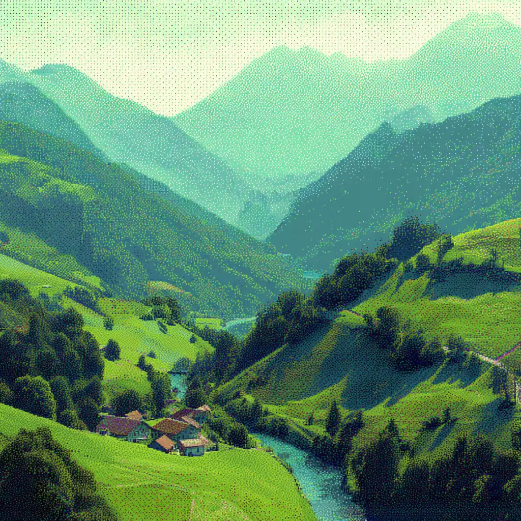 Dithered green mountain valley with a river and village